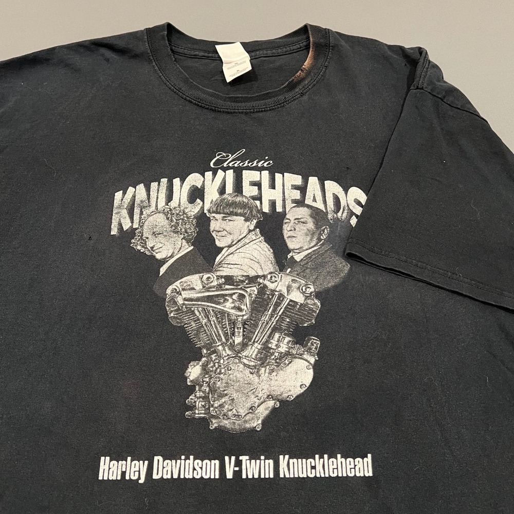 Vintage Three Stooges Harley Davidson Knucklehead V-Twin Graphic Tee XL Black